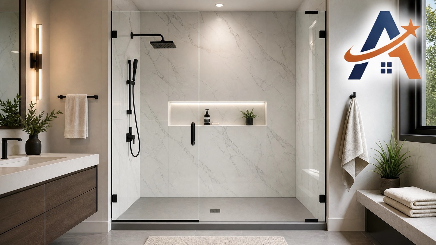 Luxury grout-free walk-in shower with solid composite stone panels, built-in niches, and chrome fixtures by All-Star Renovations