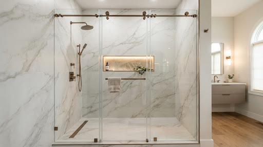 Luxury walk-in shower remodel featuring grout-free RCB marble panels and bronze hardware in Conway, AR.