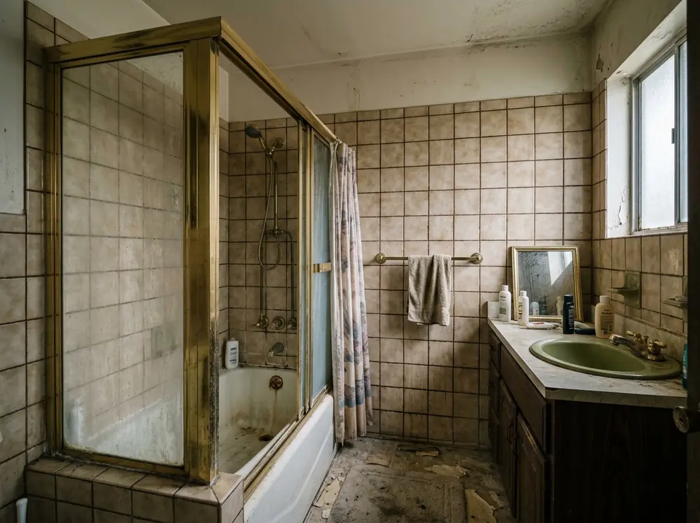 Outdated tile bathroom before an All-Star Renovations remodel